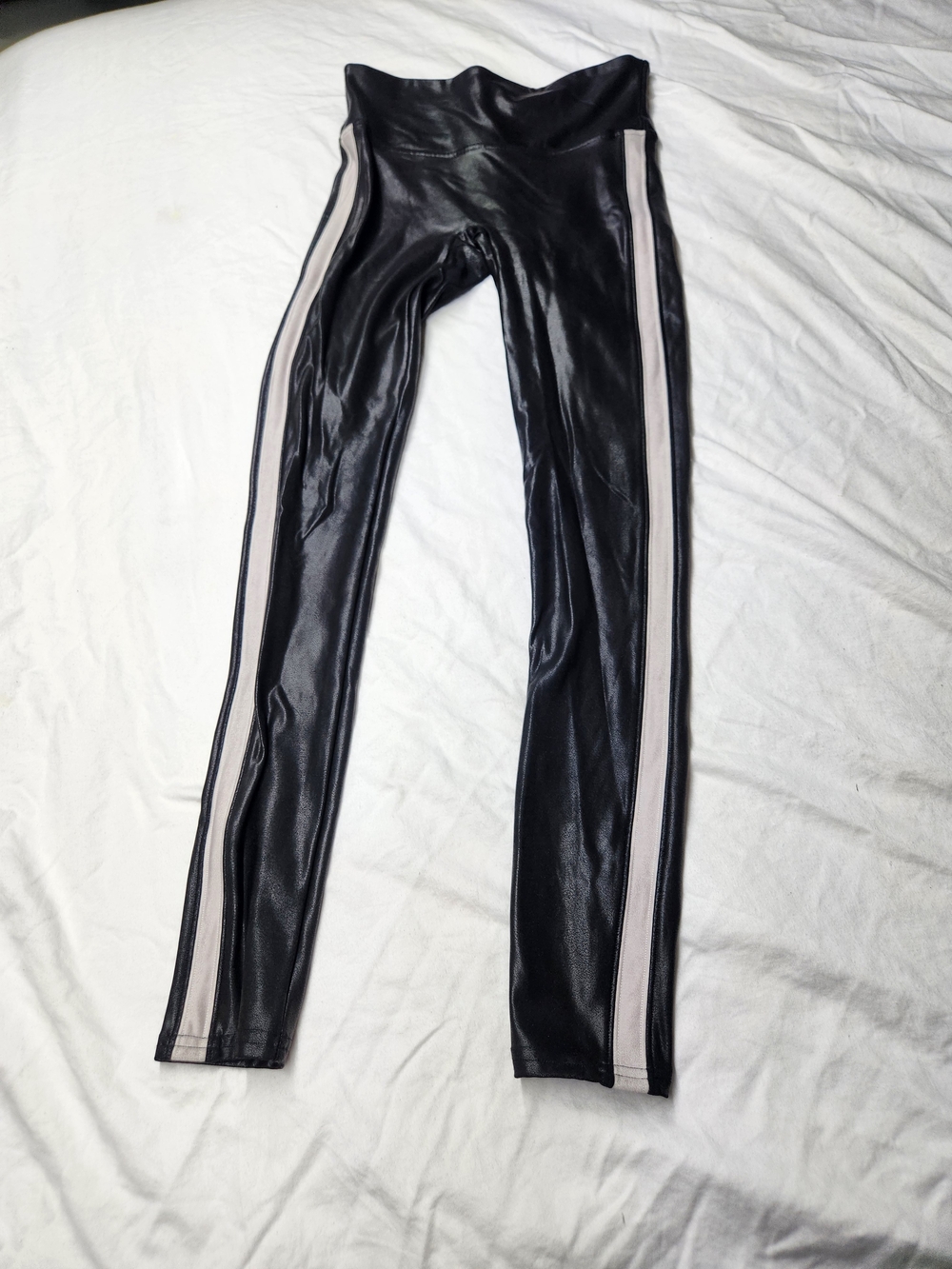 SPANX Black Faux Leather Leggings with White Side Stripes